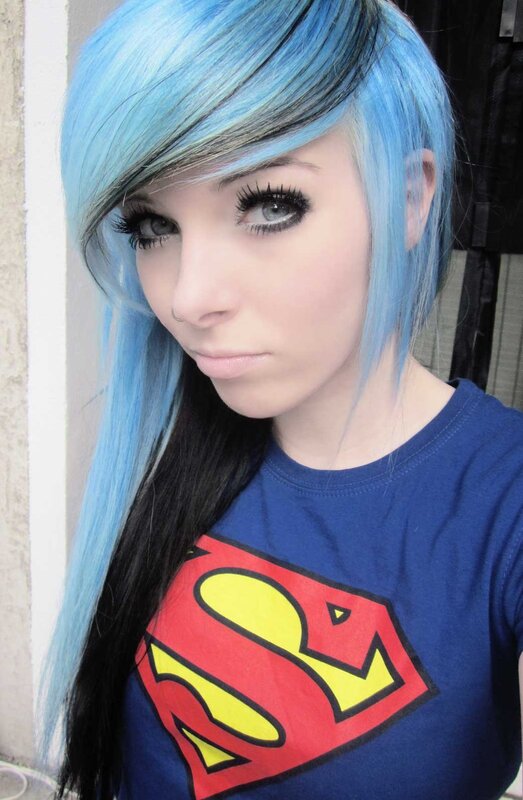woman with blue hair and superman shirt