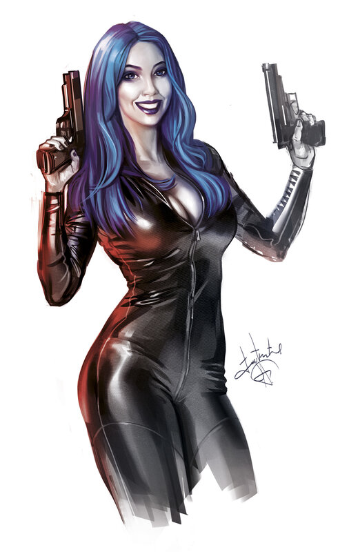 Woman with Blue Hair — Black, Confident, Digital Art, Gun