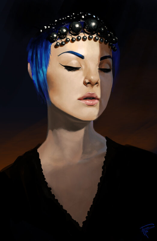 Woman with Blue Hair — Black, Dramatic, Digital Art, Blue Hair