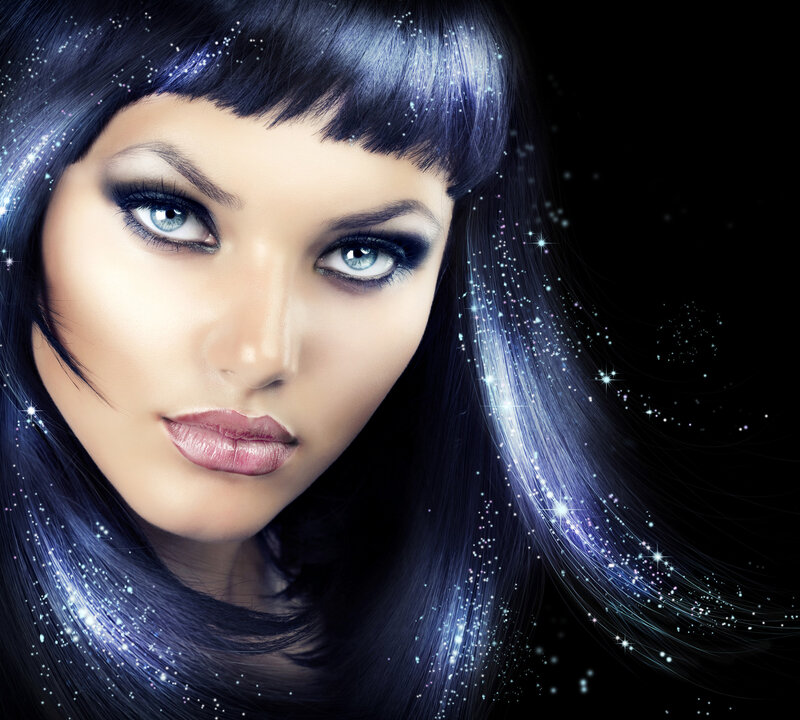 Woman with Blue Hair — Black, Dramatic, Digital Art