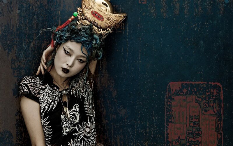 Woman with Blue Hair — Black, Dramatic, Photograph, Headdress