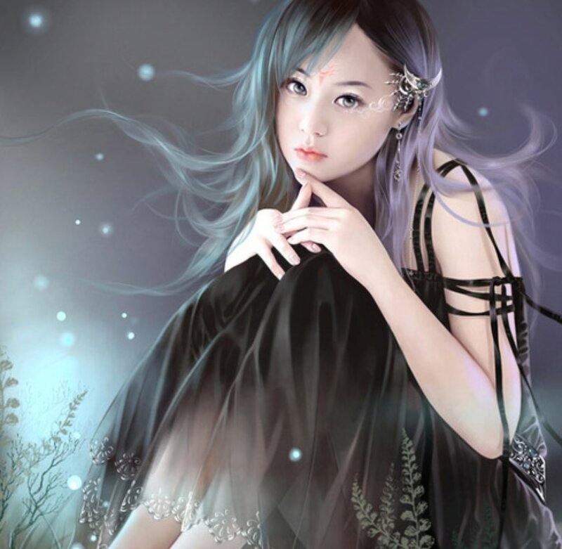 Woman with Blue Hair — Black, Dreamy, Night, Digital Art