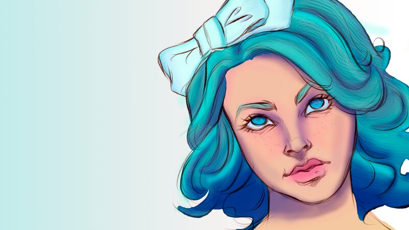 Woman with Blue Hair — Calm, Digital Art, Bow
