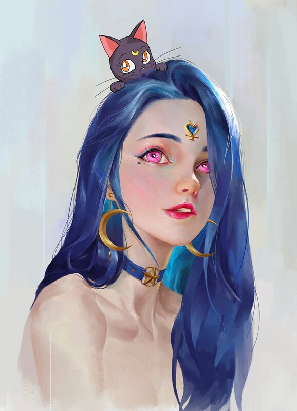 Woman with Blue Hair — Calm, Digital Art, Cat