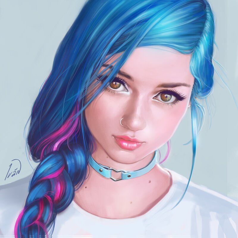 Woman with Blue Hair — Calm, Digital Art, Choker