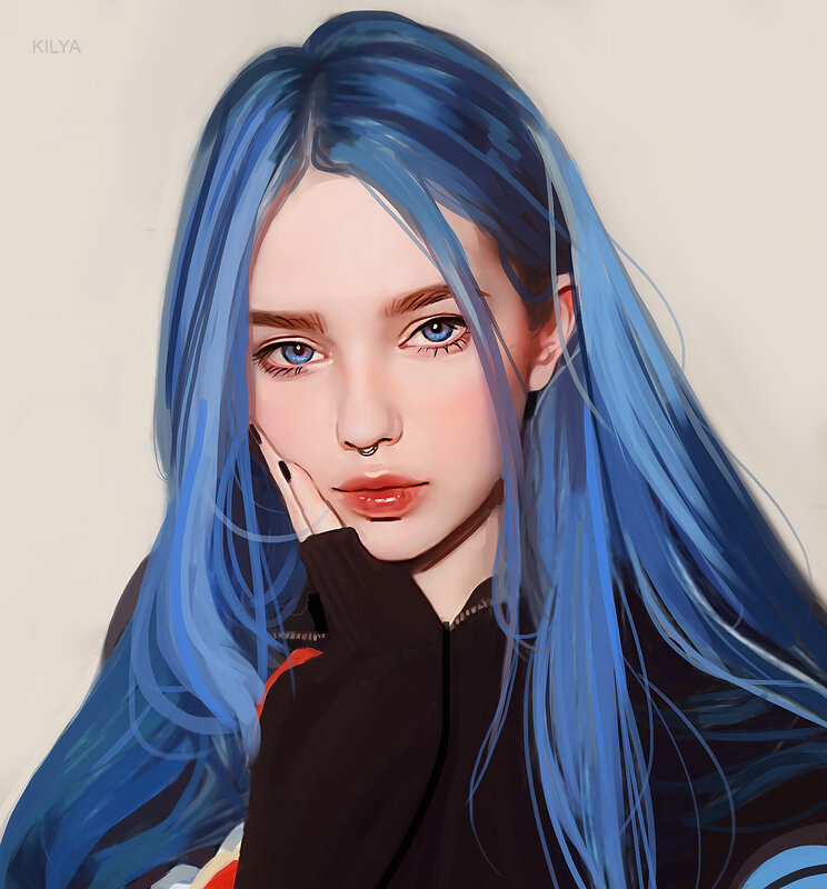 Woman with Blue Hair — Calm, Digital Art, Nose Ring