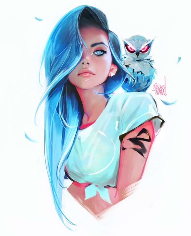 Woman with Blue Hair — Calm, Digital Art, Owl
