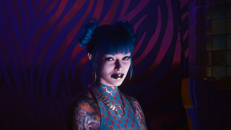 Woman with Blue Hair — Dark, Night, 3d Render, Tattoos, Necklace