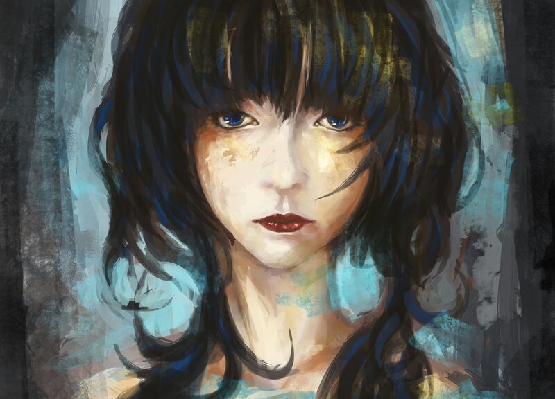 Woman with Blue Hair — Dramatic, Digital Art, Blue Eyes, Red Lips