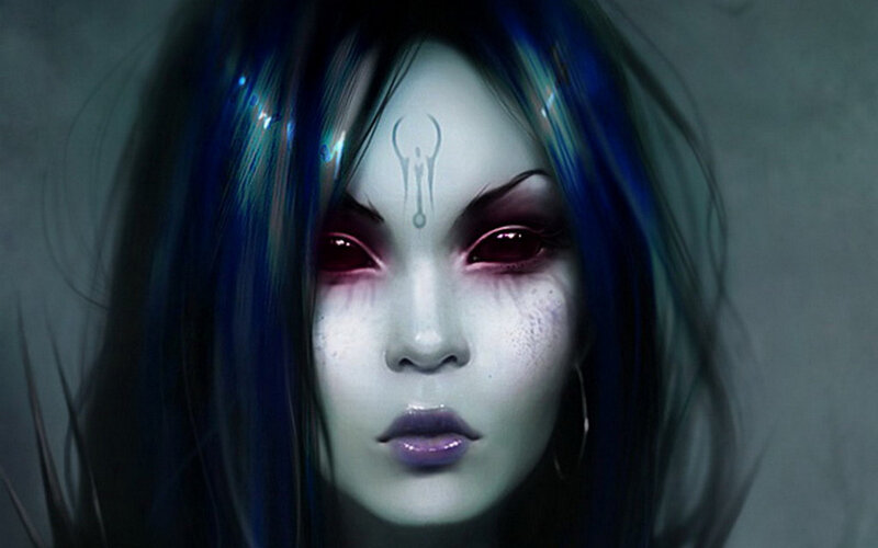 Woman with Blue Hair — Dramatic, Digital Art, Blue Hair, Red Eyes