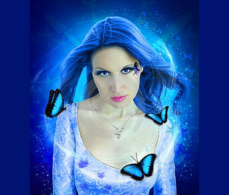 Woman with Blue Hair — Dramatic, Digital Art, Butterflies