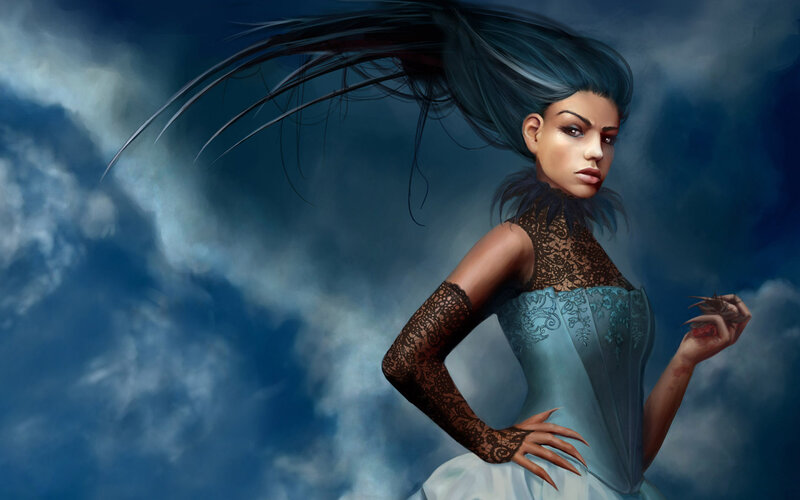 Woman with Blue Hair — Dramatic, Digital Art, Clouds, Dress
