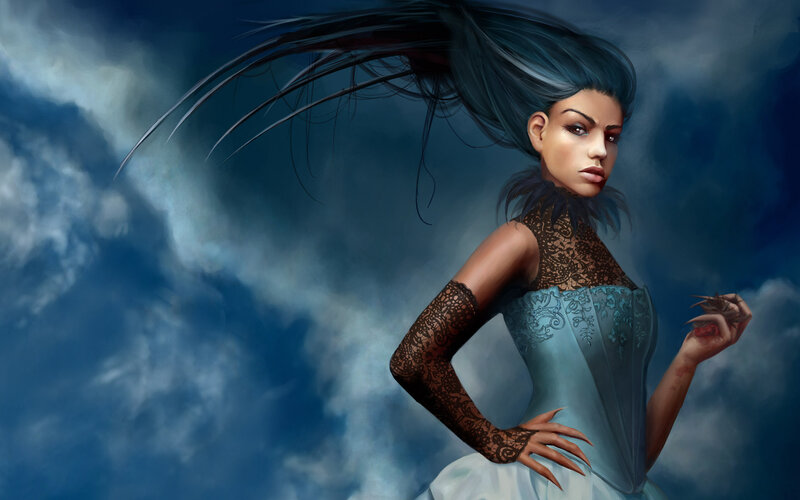 Woman with Blue Hair — Dramatic, Digital Art, Clouds