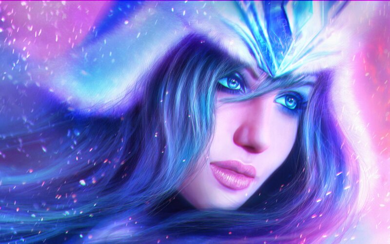 Woman with Blue Hair — Dramatic, Digital Art, Crown, Fur Hood