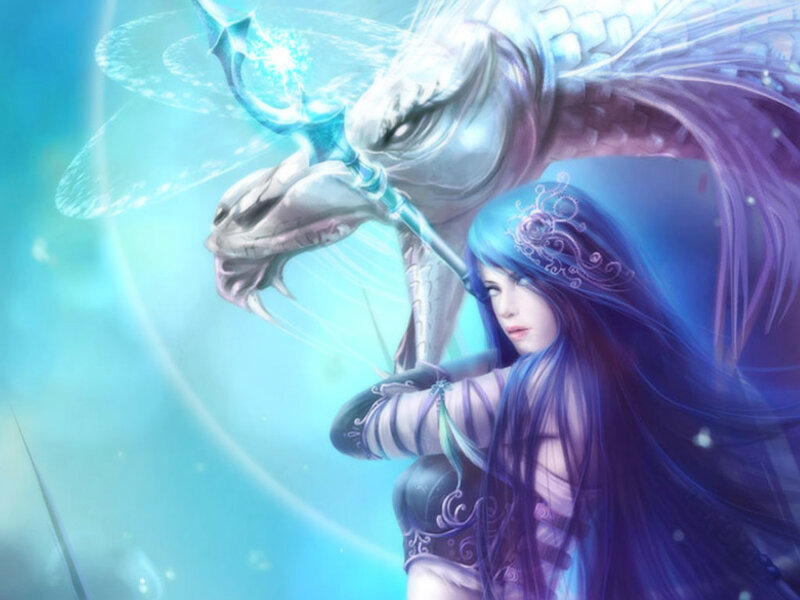 Woman with Blue Hair — Dramatic, Digital Art, Dragon