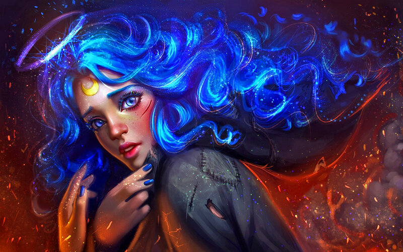 Woman with Blue Hair — Dramatic, Digital Art, Eyes, Clothing