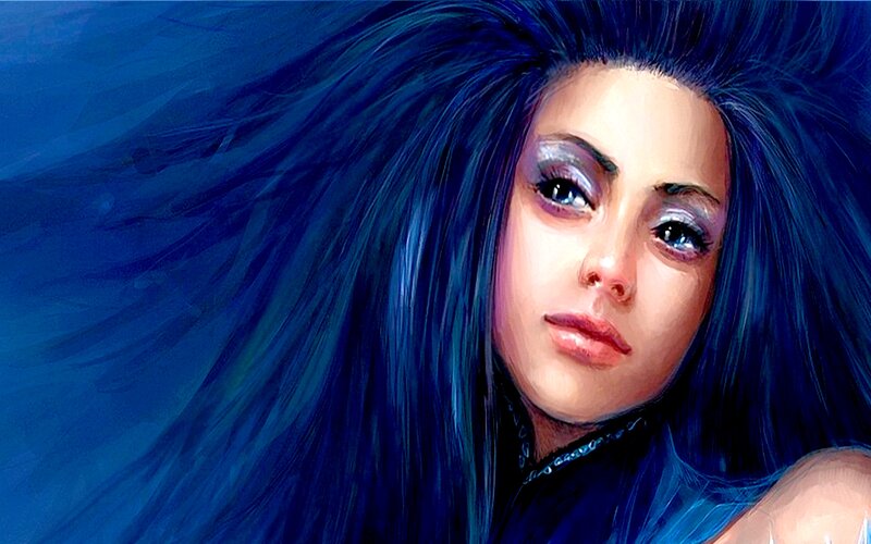 Woman with Blue Hair — Dramatic, Digital Art, Eyes, Necklace