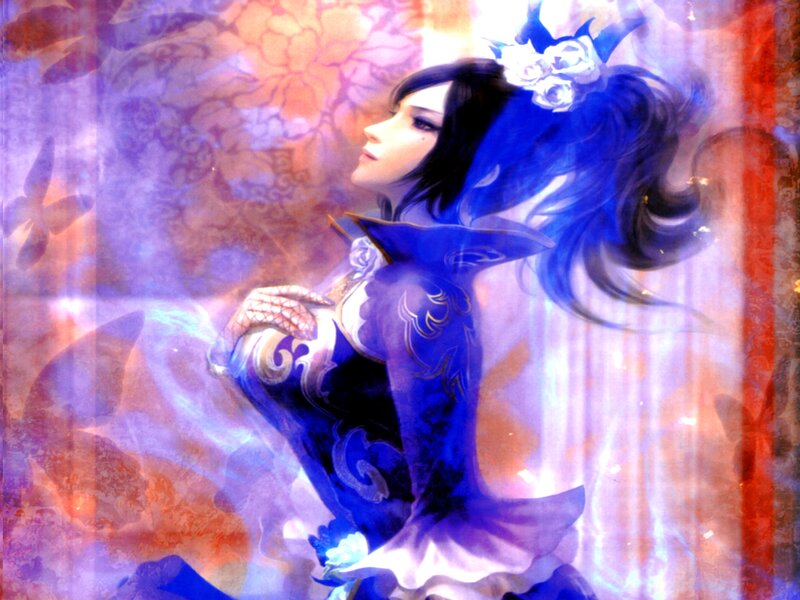Woman with Blue Hair — Dramatic, Digital Art, Flowers, Butterflies