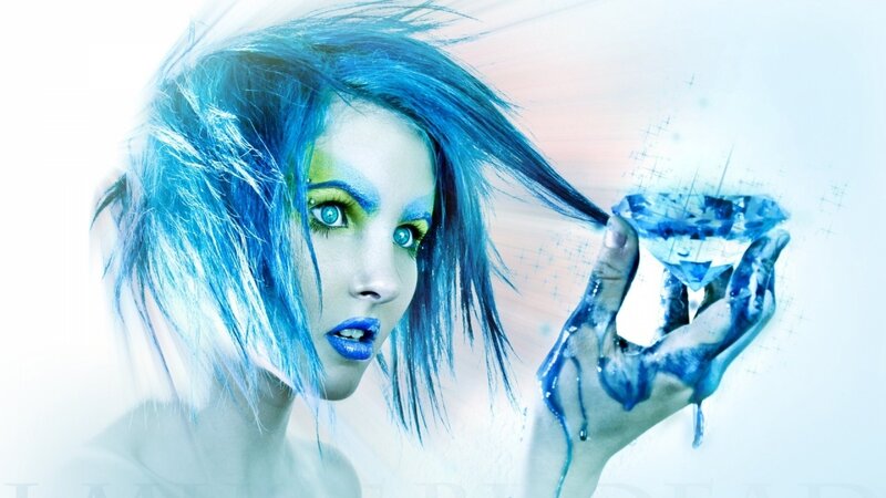 Woman with Blue Hair — Dramatic, Digital Art, Hand