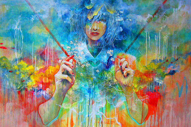 Woman with Blue Hair — Dramatic, Digital Art, Hands