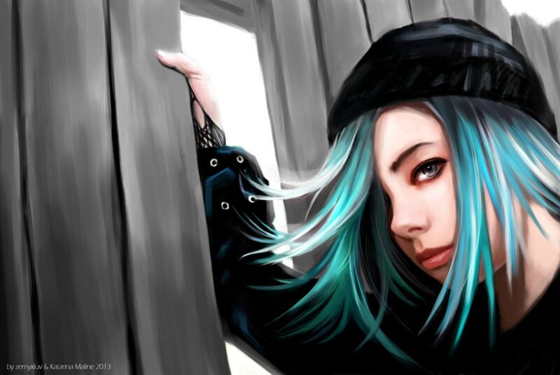 Woman with Blue Hair — Dramatic, Digital Art, Hat