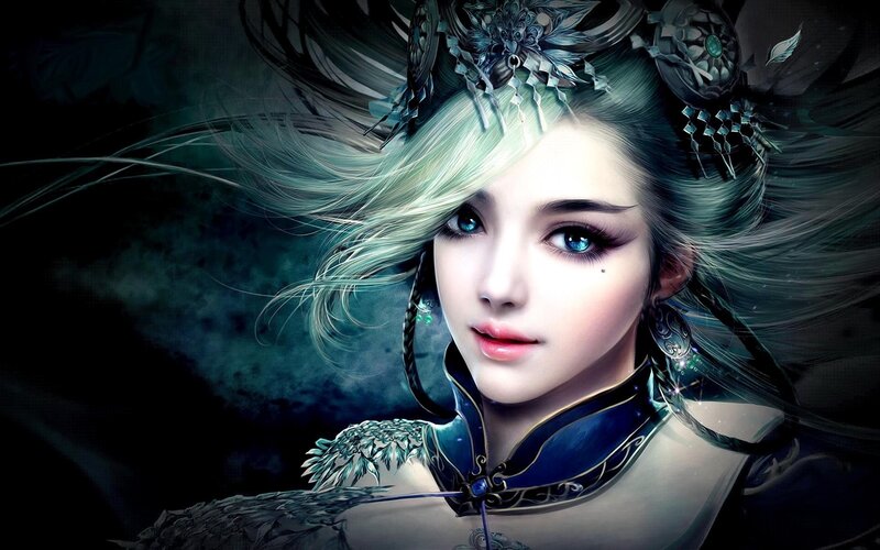 Woman with Blue Hair — Dramatic, Digital Art, Headdress
