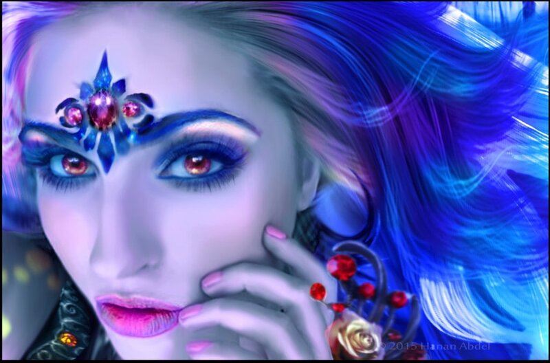 Woman with Blue Hair — Dramatic, Digital Art, Jewelry, Makeup