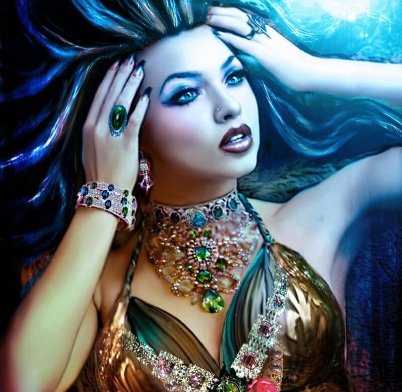Woman with Blue Hair — Dramatic, Digital Art, Jewelry