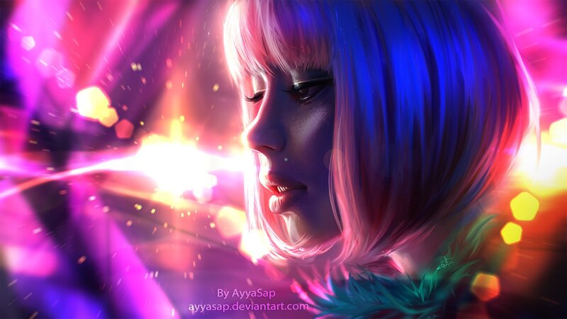 Woman with Blue Hair — Dramatic, Digital Art, Light