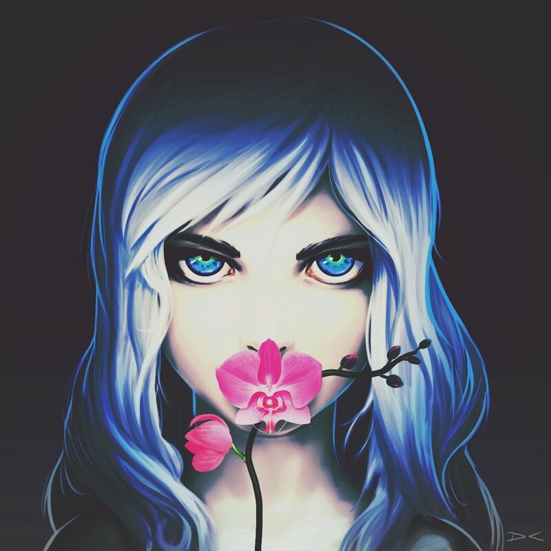 Woman with Blue Hair — Dramatic, Digital Art, Orchid Flower