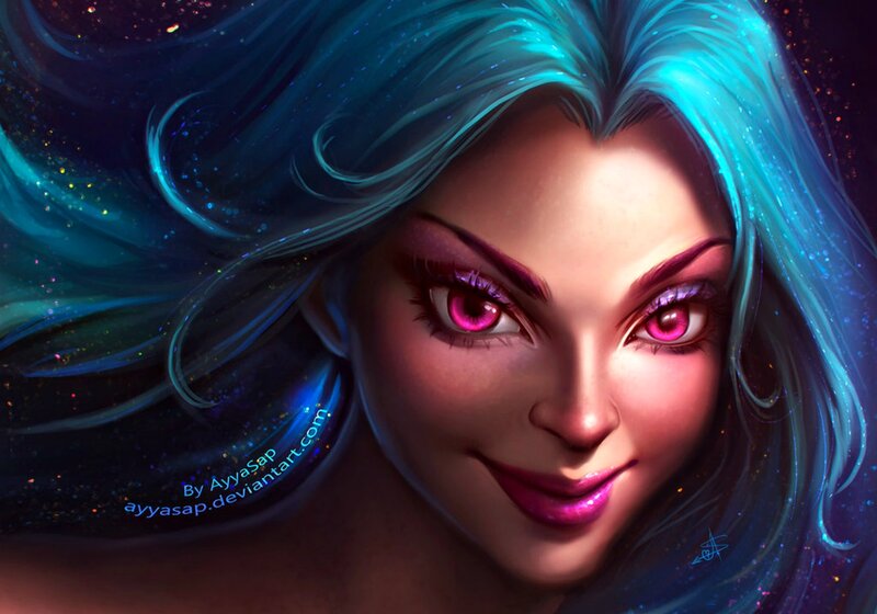 Woman with Blue Hair — Dramatic, Digital Art, Pink Eyes