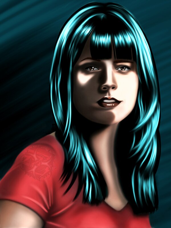 Woman with Blue Hair — Dramatic, Digital Art, Red Shirt