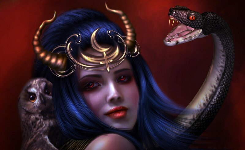 Woman with Blue Hair — Dramatic, Digital Art, Snake