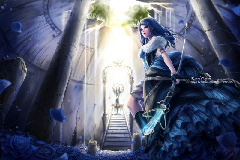 Woman with Blue Hair — Dramatic, Digital Art, Sword