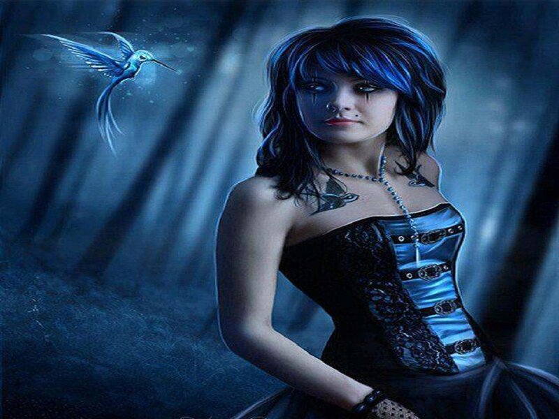 Woman with Blue Hair — Dramatic, Night, Digital Art, Bird, Tattoo