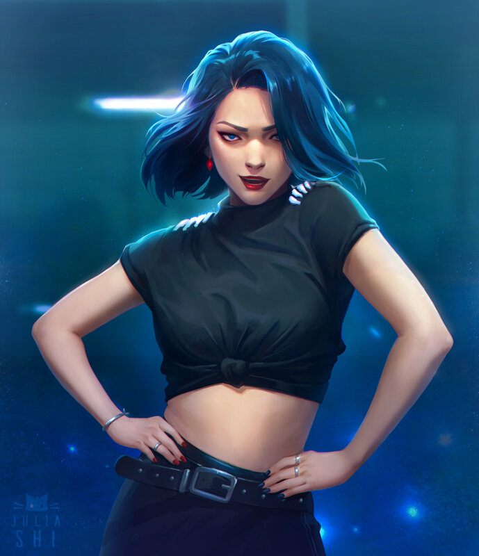 Woman with Blue Hair — Dramatic, Night, Digital Art, Black Crop Top