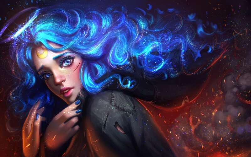 Woman with Blue Hair — Dramatic, Night, Digital Art, Eyes