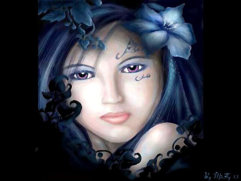 Woman with Blue Hair — Dramatic, Night, Digital Art, Flowers