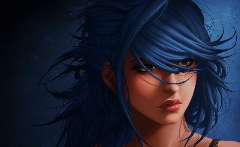 Woman with Blue Hair — Dramatic, Night, Digital Art, Green Eyes