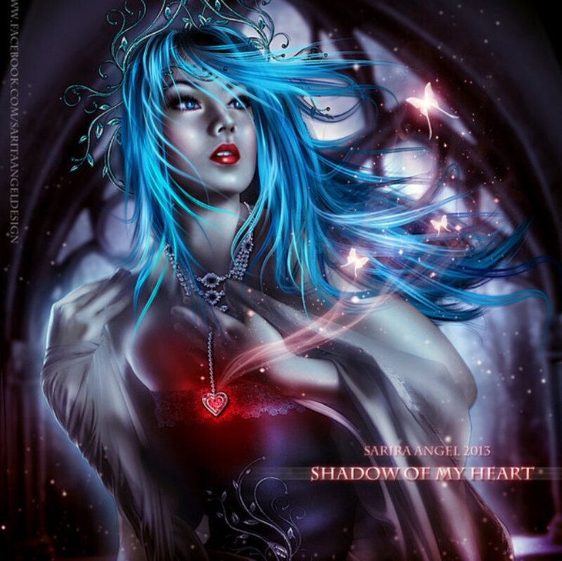 Woman with Blue Hair — Dramatic, Night, Digital Art, Heart Pendant