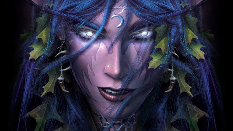 Woman with Blue Hair — Dramatic, Night, Digital Art, Leaves
