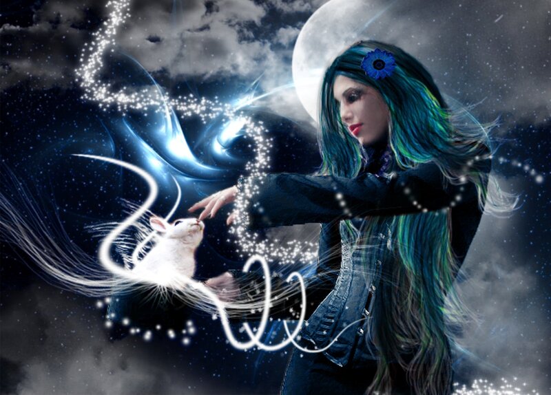 Woman with Blue Hair — Dramatic, Night, Digital Art, Mouse