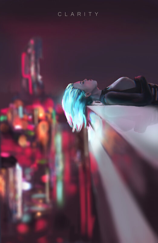 Woman with Blue Hair — Dramatic, Night, Digital Art, Neon Lights, Cityscape