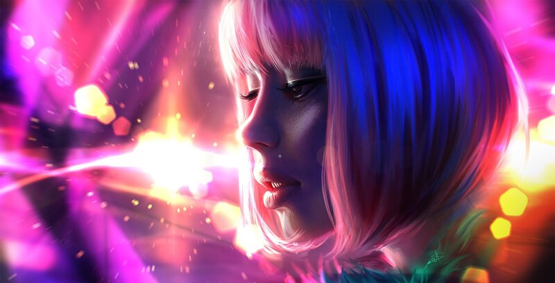 Woman with Blue Hair — Dramatic, Night, Digital Art, Neon Lights