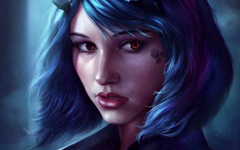 Woman with Blue Hair — Dramatic, Night, Digital Art, Red Eyes