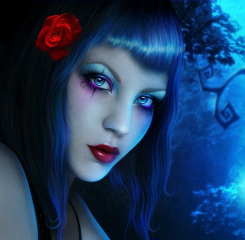 Woman with Blue Hair — Dramatic, Night, Digital Art, Red Rose, Eye Makeup