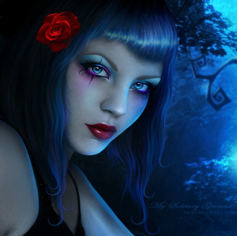 Woman with Blue Hair — Dramatic, Night, Digital Art, Red Rose