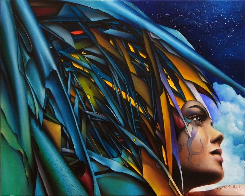 Woman with Blue Hair — Dramatic, Night, Digital Art, Stars