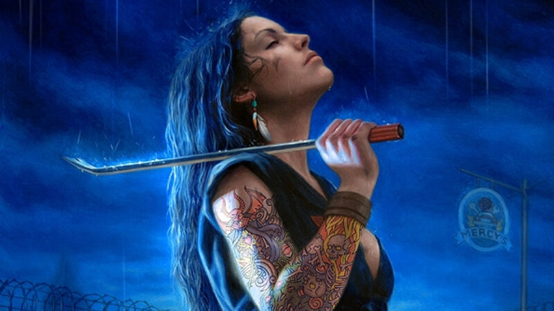 Woman with Blue Hair — Dramatic, Night, Digital Art, Tattoos