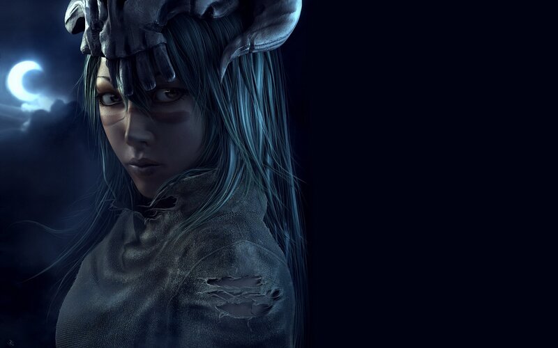 Woman with Blue Hair — Dramatic, Night, Digital Art
